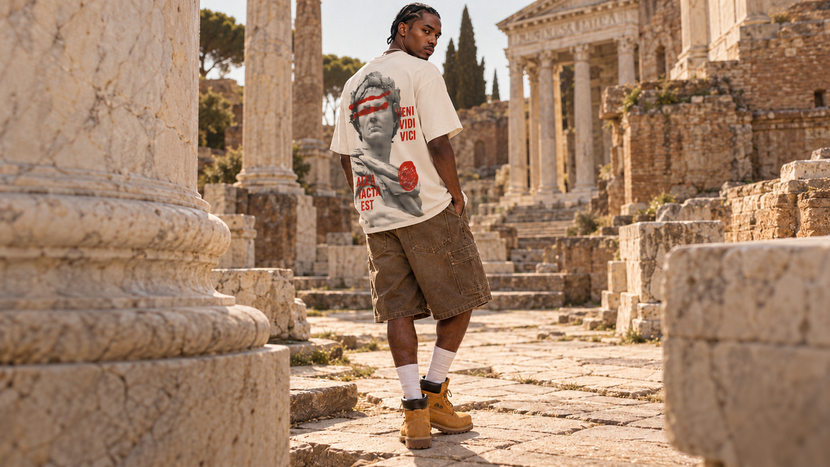 Model amb la Caesar Tee de Menade entre ruïnes romanes